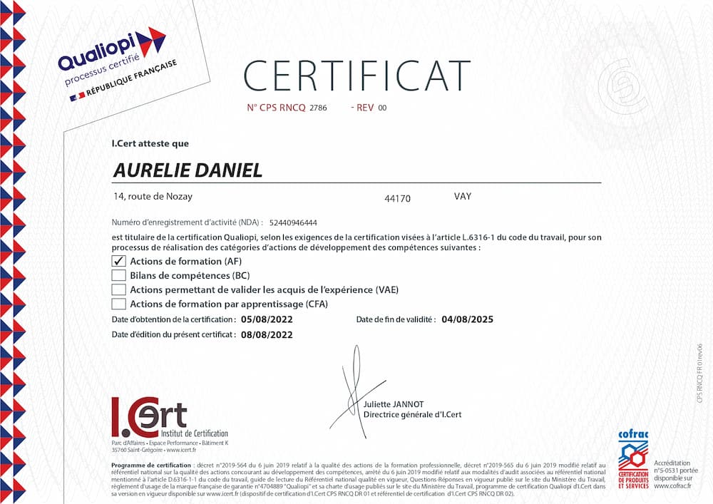 Certificat Qualiopi Aurélie DANIEL